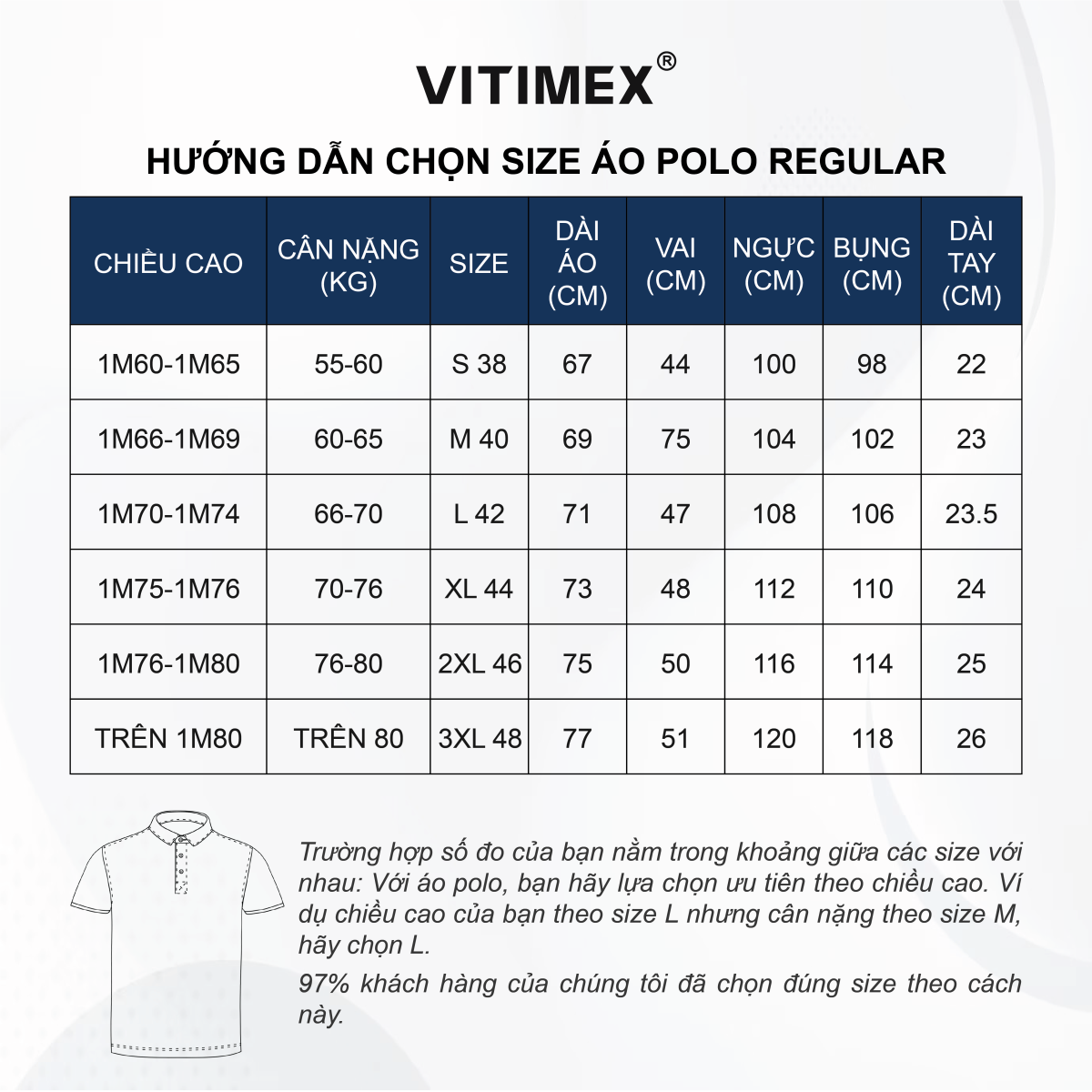 bảng size polo regular fit
